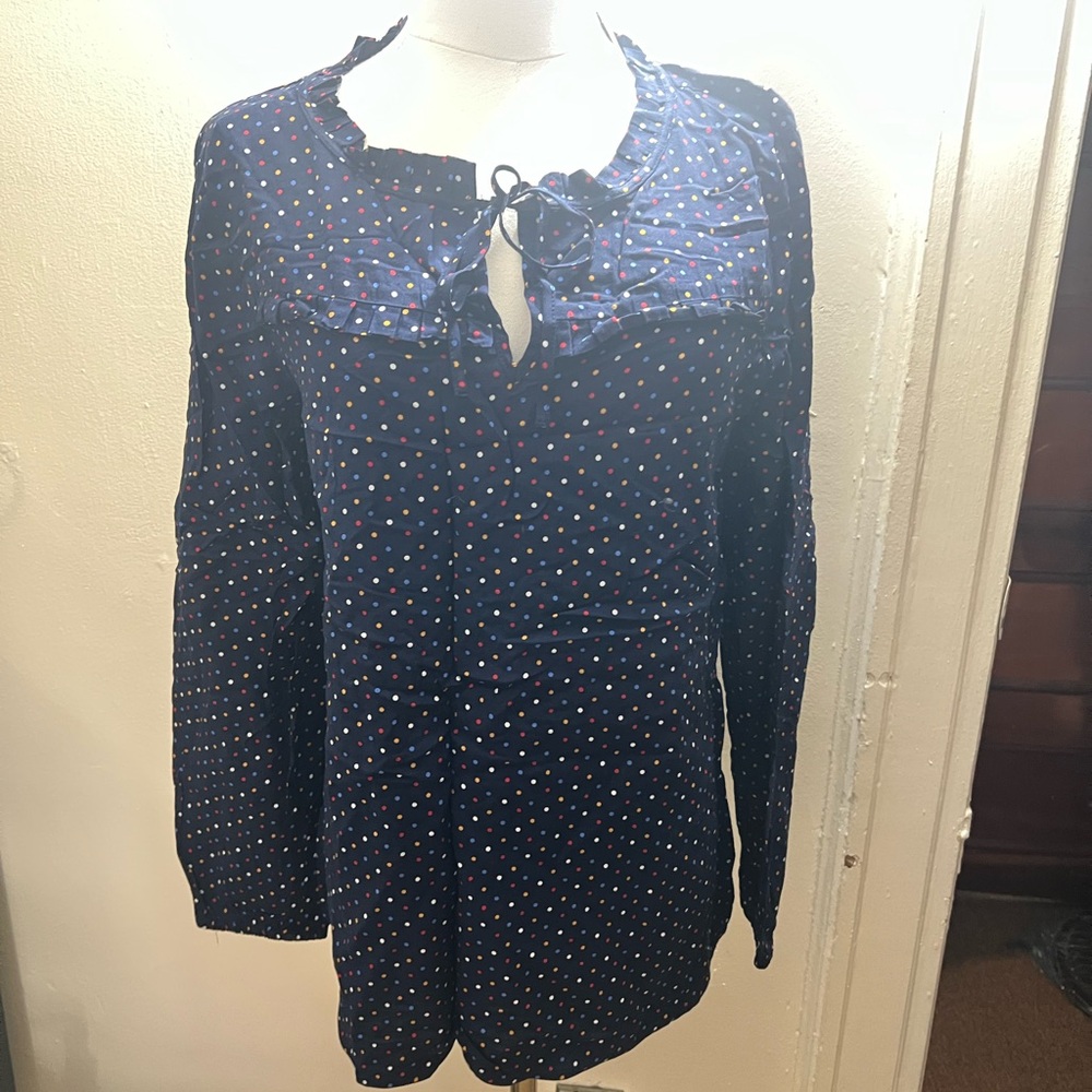 NWT Talbots Pleated Tie Neck Navy Multi-Color Polka Dot Blouse Size M